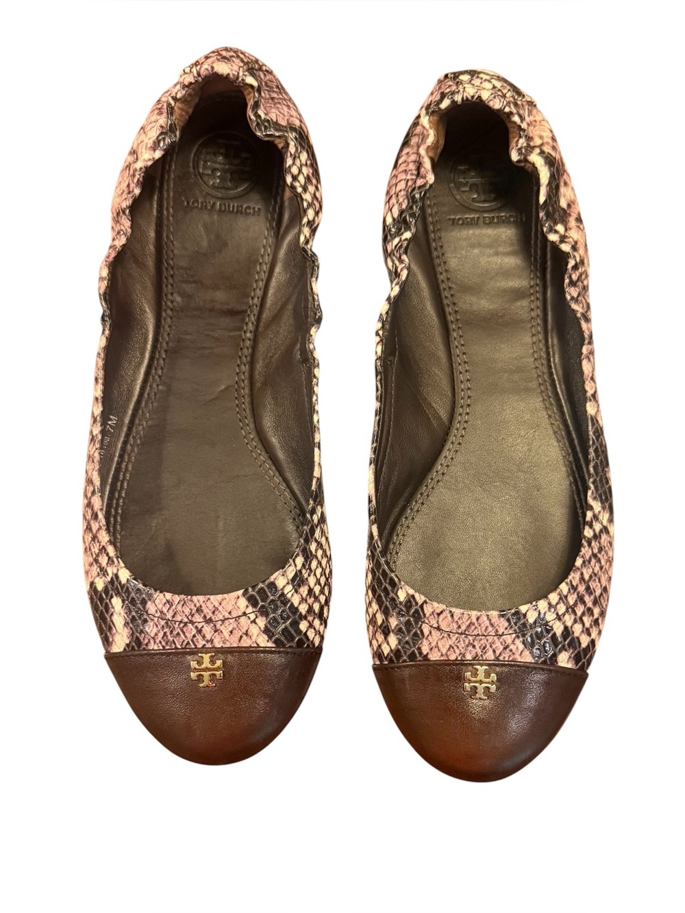 Tory Burch Tri-Color Snakeskin Embossed Brown Leather Cap Toe Ballet Flats Sz 7